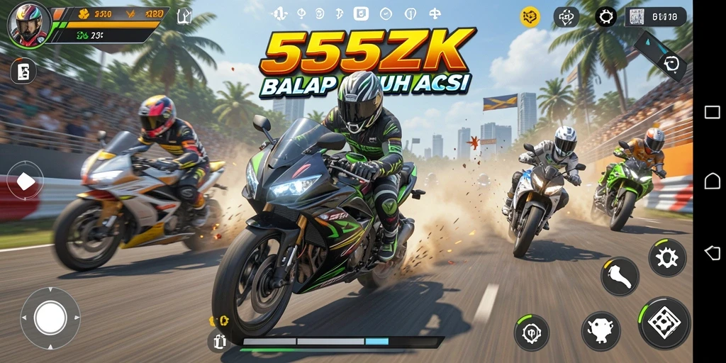 Tampilan gameplay saat balapan motor yang mendebarkan dan nyata.