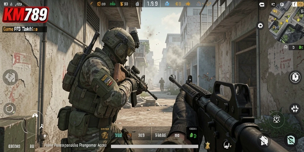 Screenshot gameplay KM789 menunjukkan aksi tembak menembak yang mendebarkan.