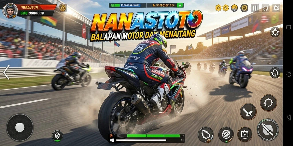 Screenshot NANASTOTO menampilkan aksi balapan motor yang mendebarkan.