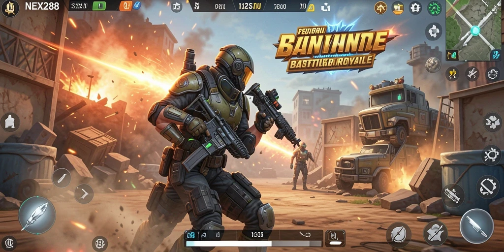 Screenshot gameplay NEX288 dengan aksi pertarungan Battle Royale yang mendebarkan.