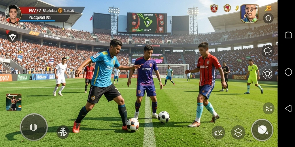 Tampilan gameplay NV77 yang menegangkan saat mencetak gol.