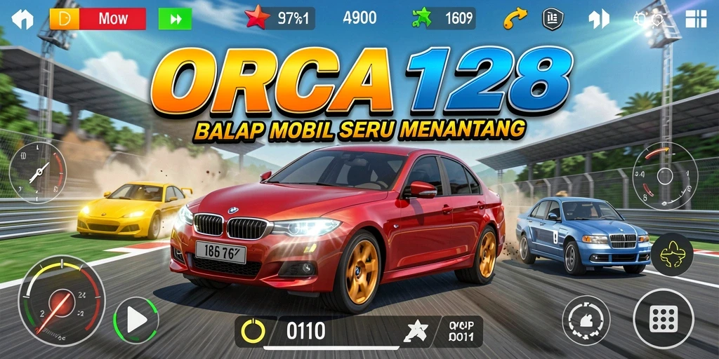 Screenshot gameplay ORCA128 menampilkan balapan mendebarkan di trek yang beragam.