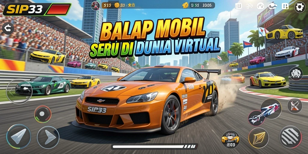 Gameplay SIP33 menampilkan mobil balap melaju kencang di trek yang menantang.