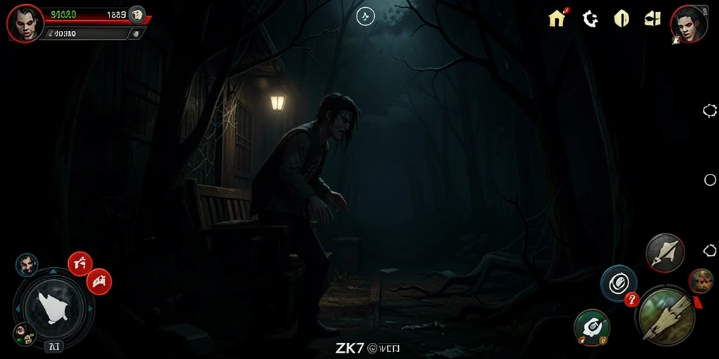 Screenshot gameplay ZK7 menampilkan suasana menyeramkan dan penuh ketegangan.